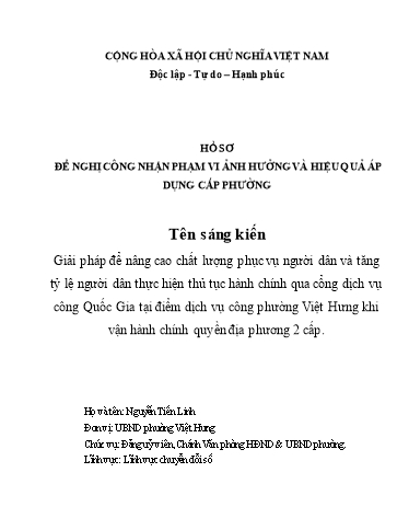 Đơn công nhận SKKN Giải pháp để nâng cao chất lượng phục vụ người dân và tăng tỷ lệ người dân thực hiện thủ tục hành chính qua cổng dịch vụ công Quốc Gia