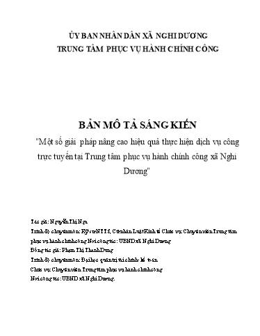 Mô tả Sáng kiến Một số giải pháp nâng cao hiệu quả thực hiện dịch vụ công trực tuyến tại Trung tâm phục vụ hành chính công xã Nghi Dương