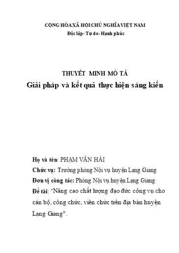 Thuyết minh Mô tả Nâng cao chất lượng đạo đức công vụ cho cán bộ, công chức, viên chức trên địa bàn huyện Lạng Giang